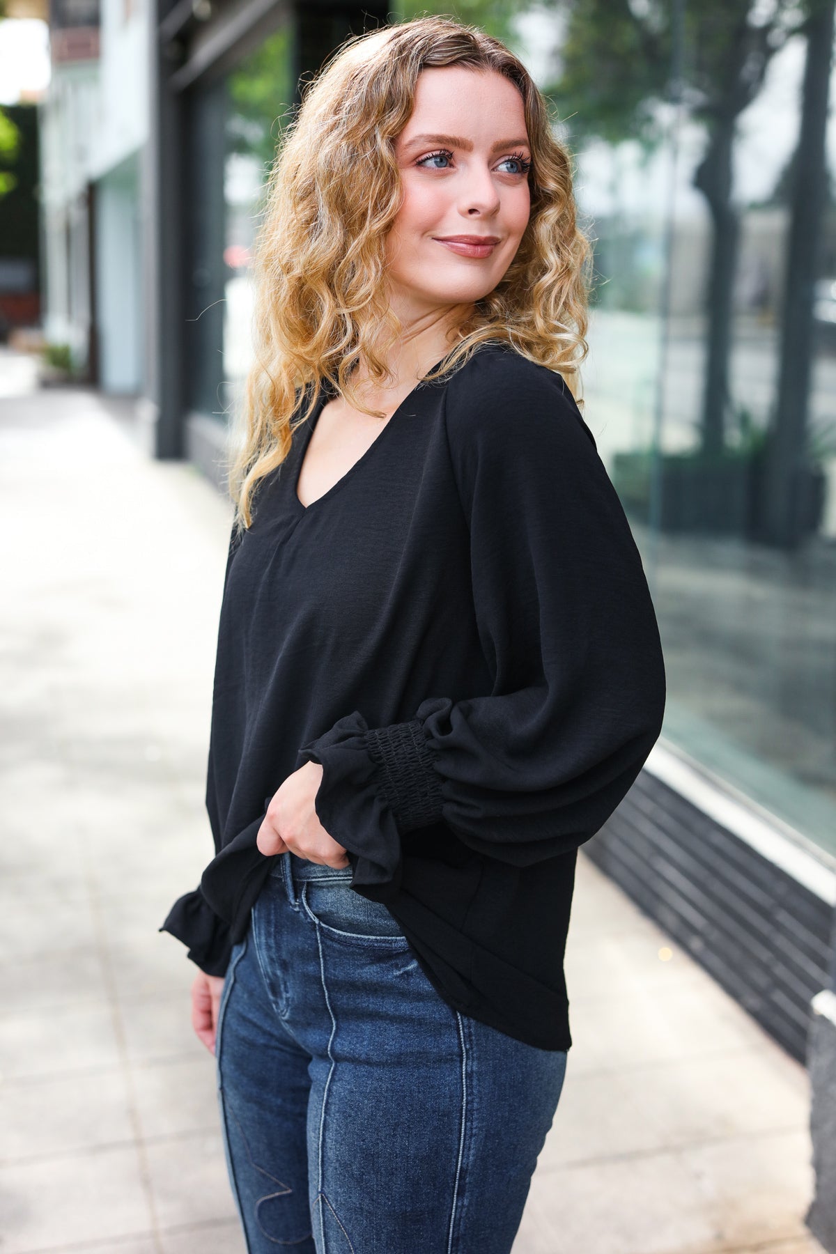 Tatiana | Hello beautiful black smocked woven top with bubble sleeves