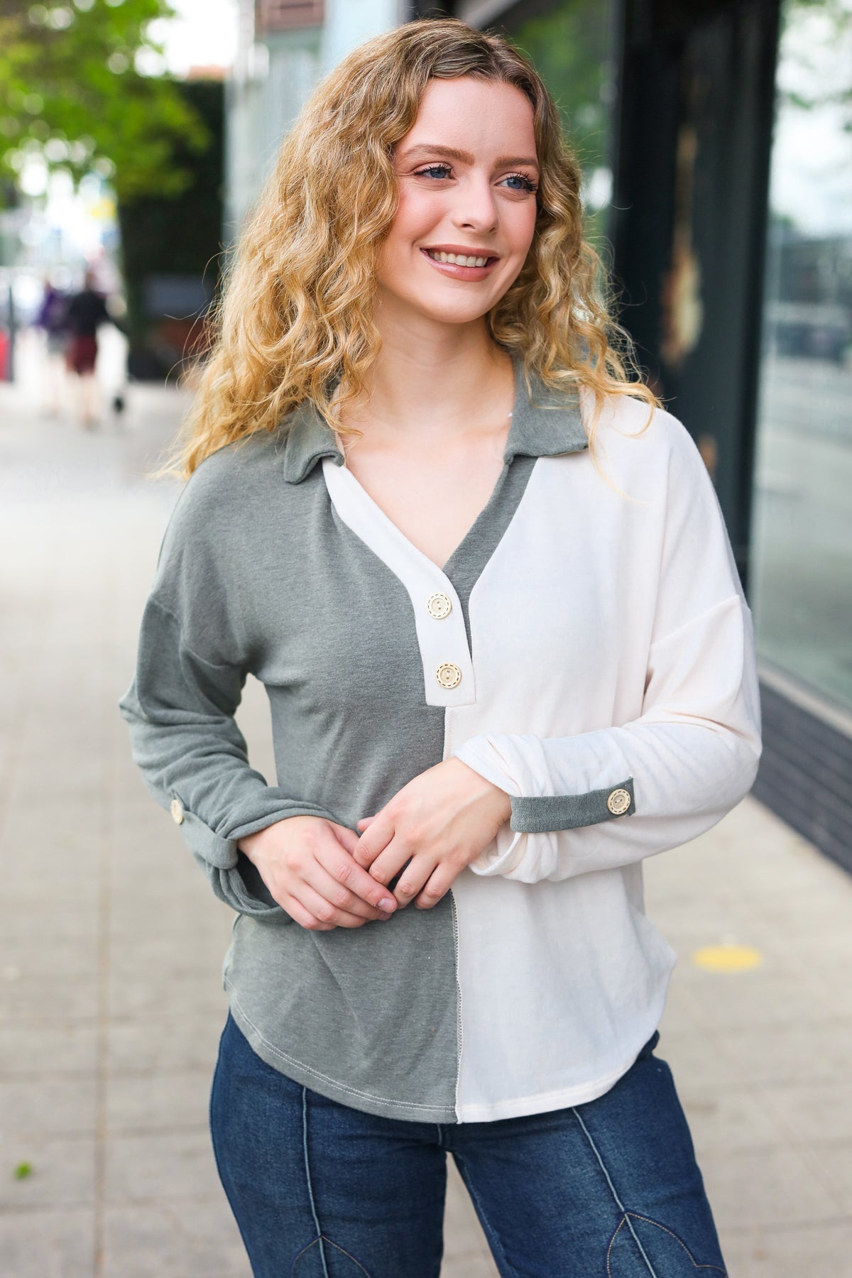 Manuela | Start your day. Olive green half and half collar top with notched neckline