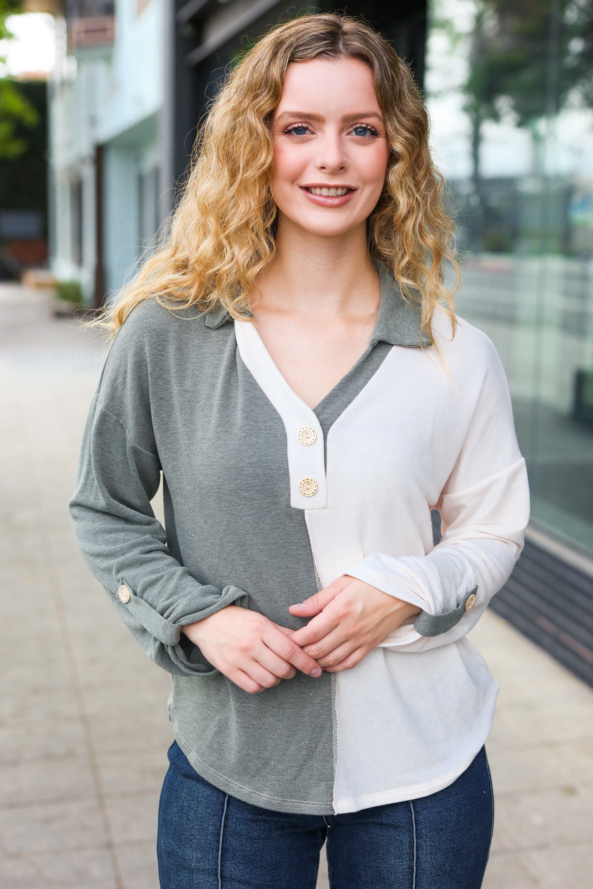Manuela | Start your day. Olive green half and half collar top with notched neckline
