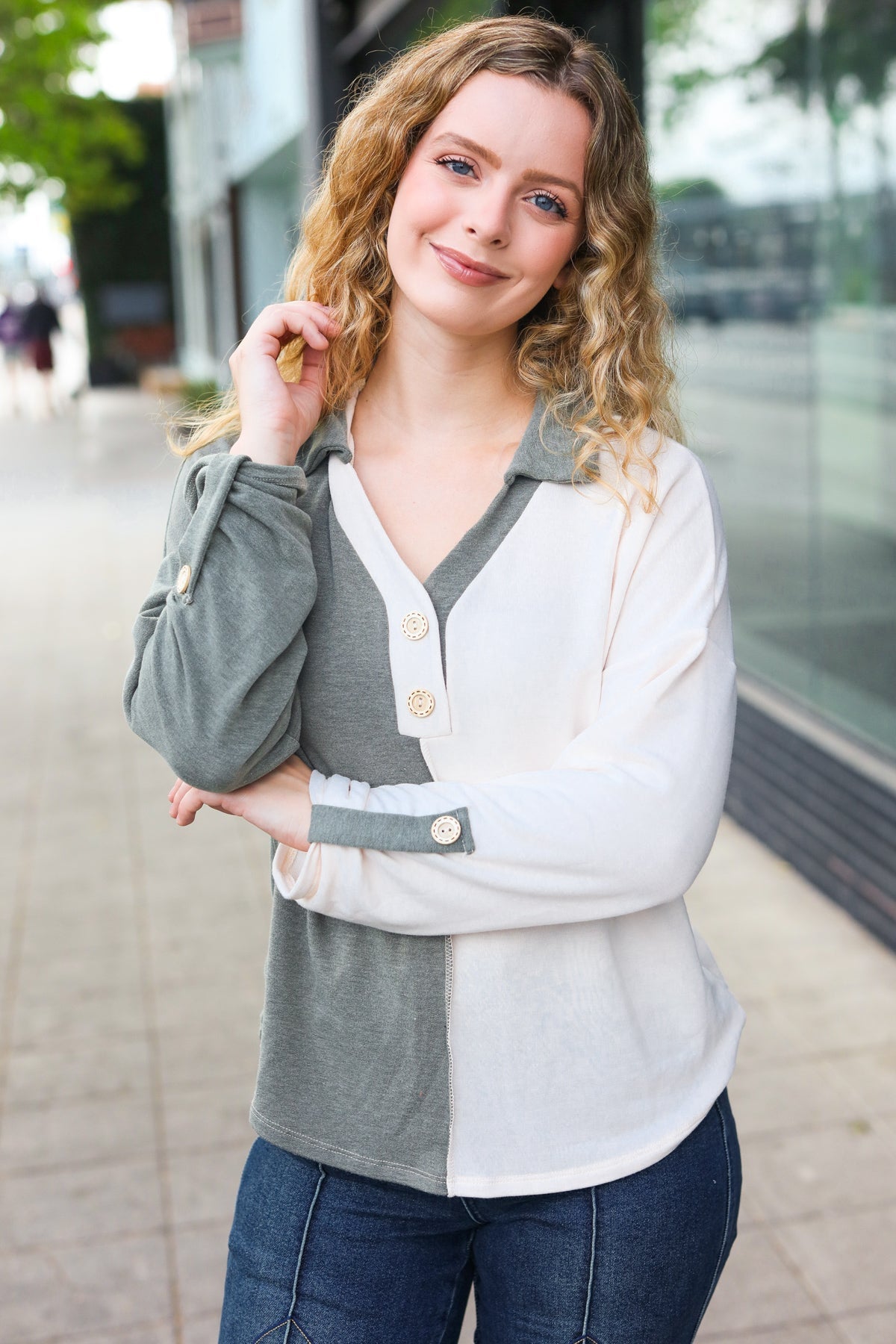 Manuela | Start your day. Olive green half and half collar top with notched neckline