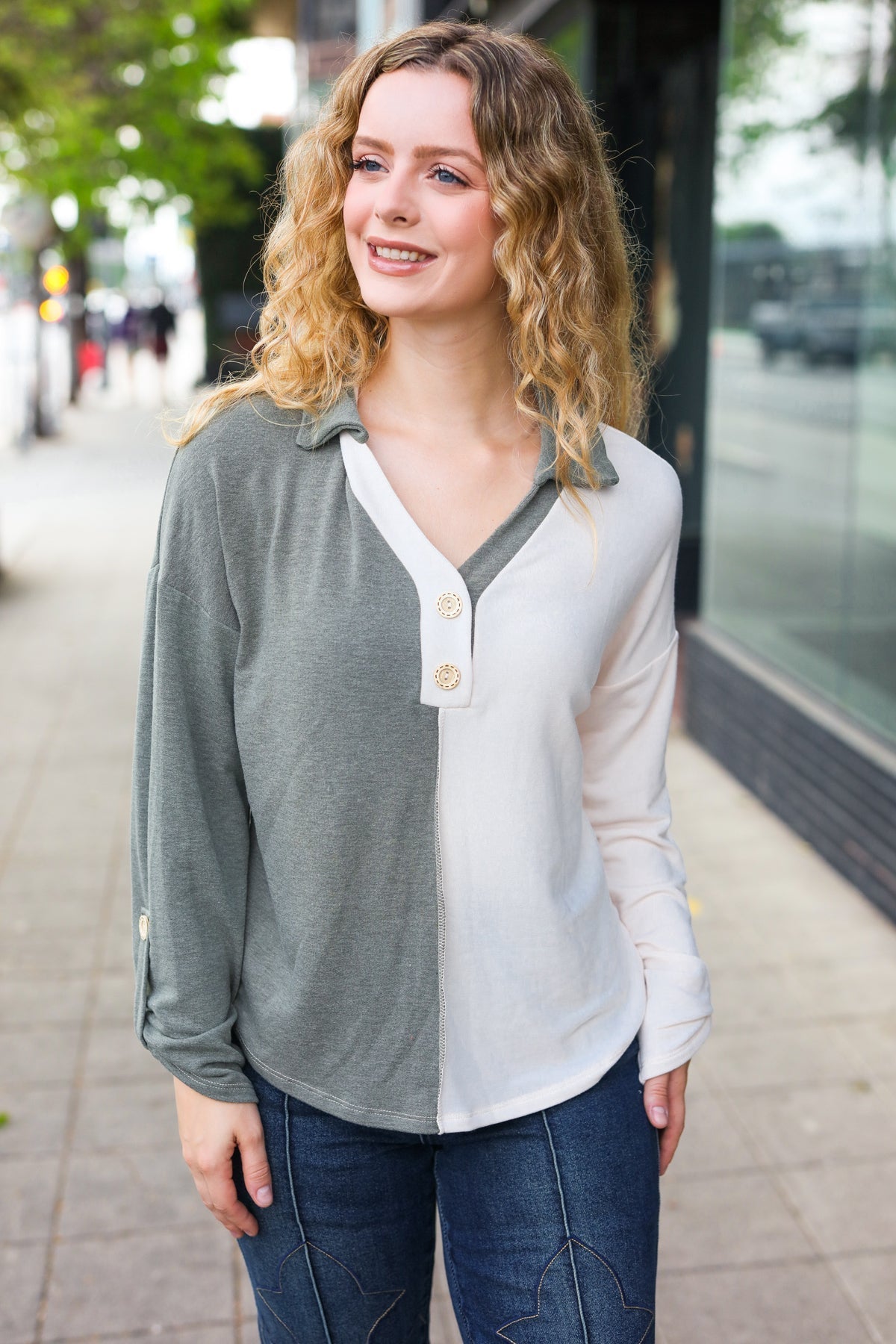 Manuela | Start your day. Olive green half and half collar top with notched neckline