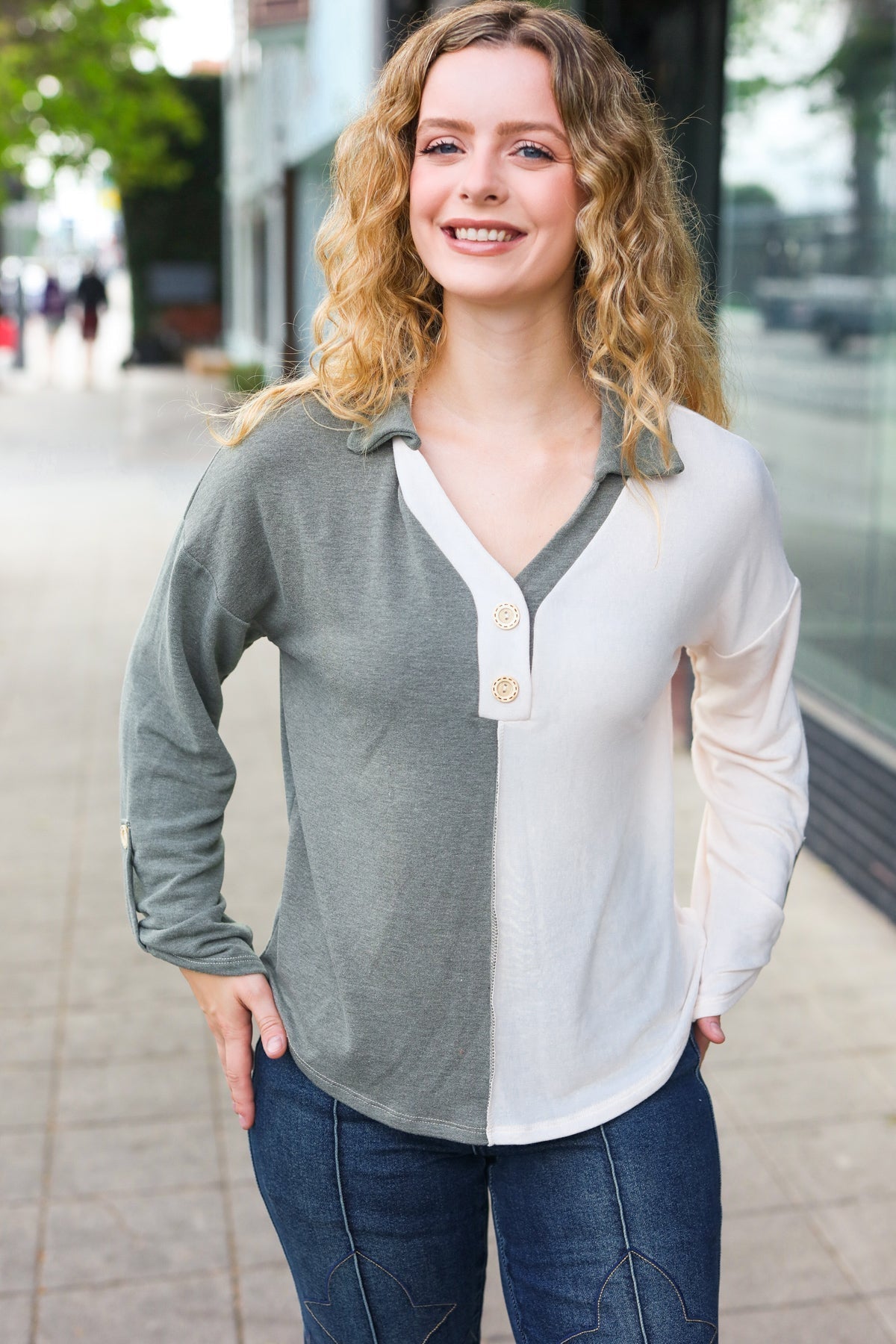 Manuela | Start your day. Olive green half and half collar top with notched neckline