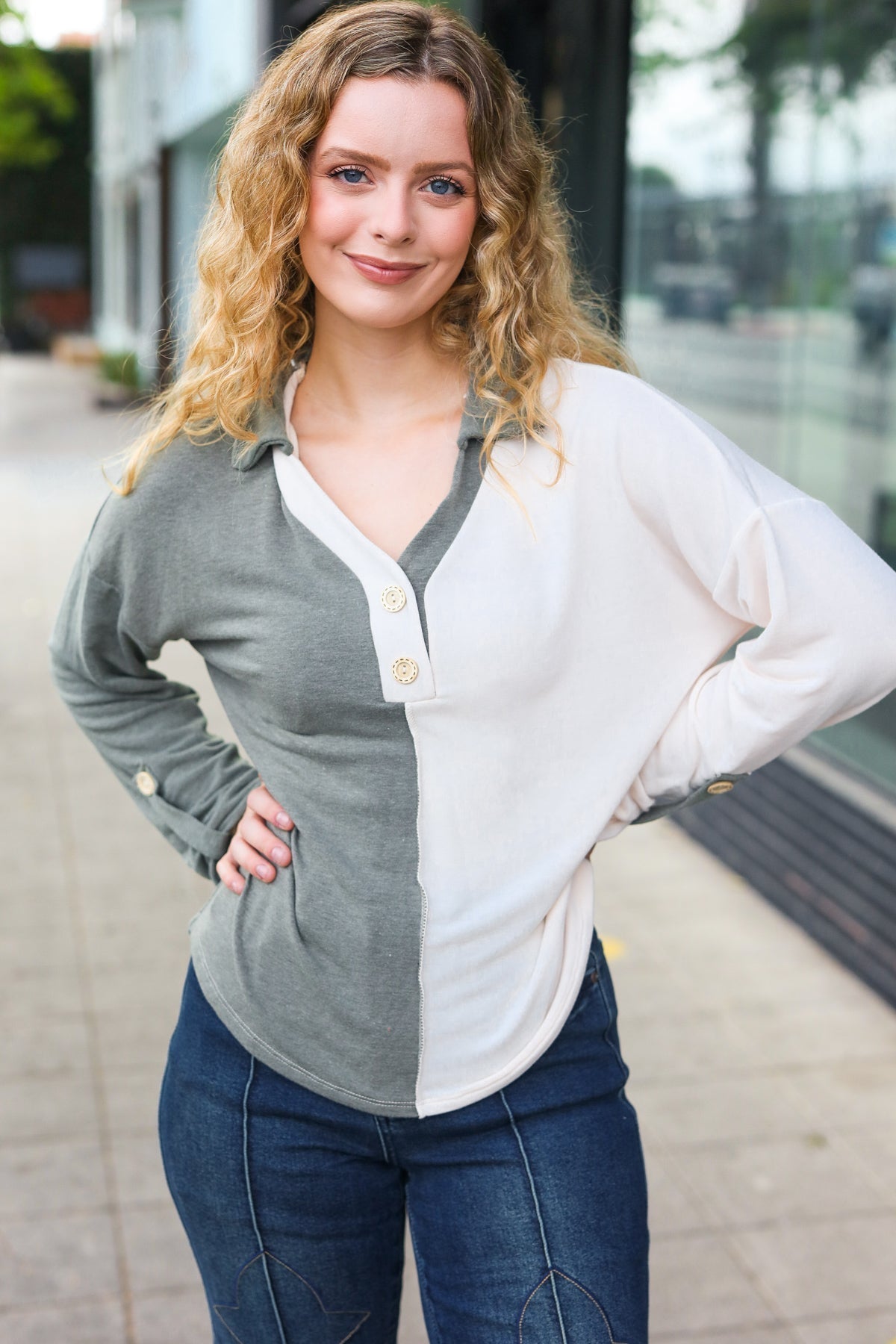Manuela | Start your day. Olive green half and half collar top with notched neckline