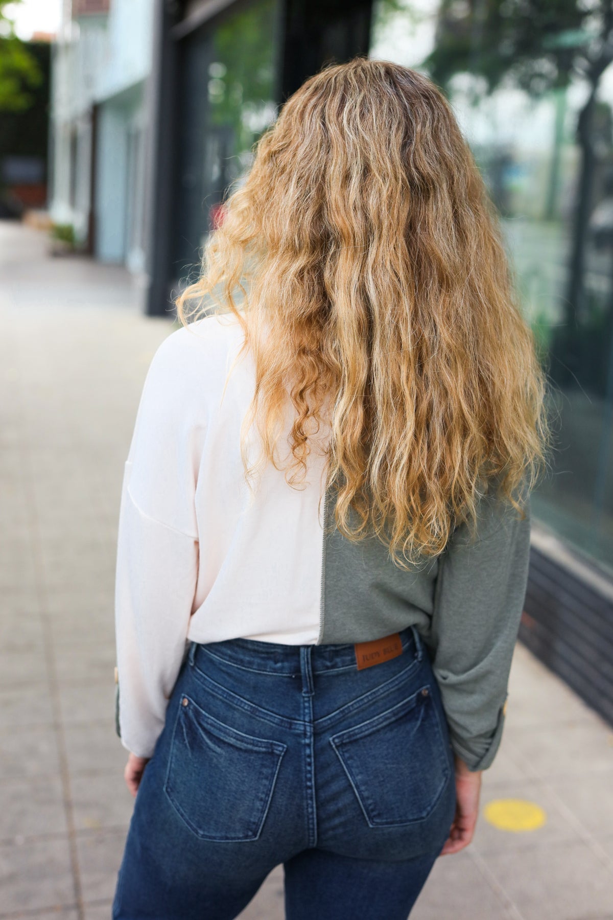 Manuela | Start your day. Olive green half and half collar top with notched neckline