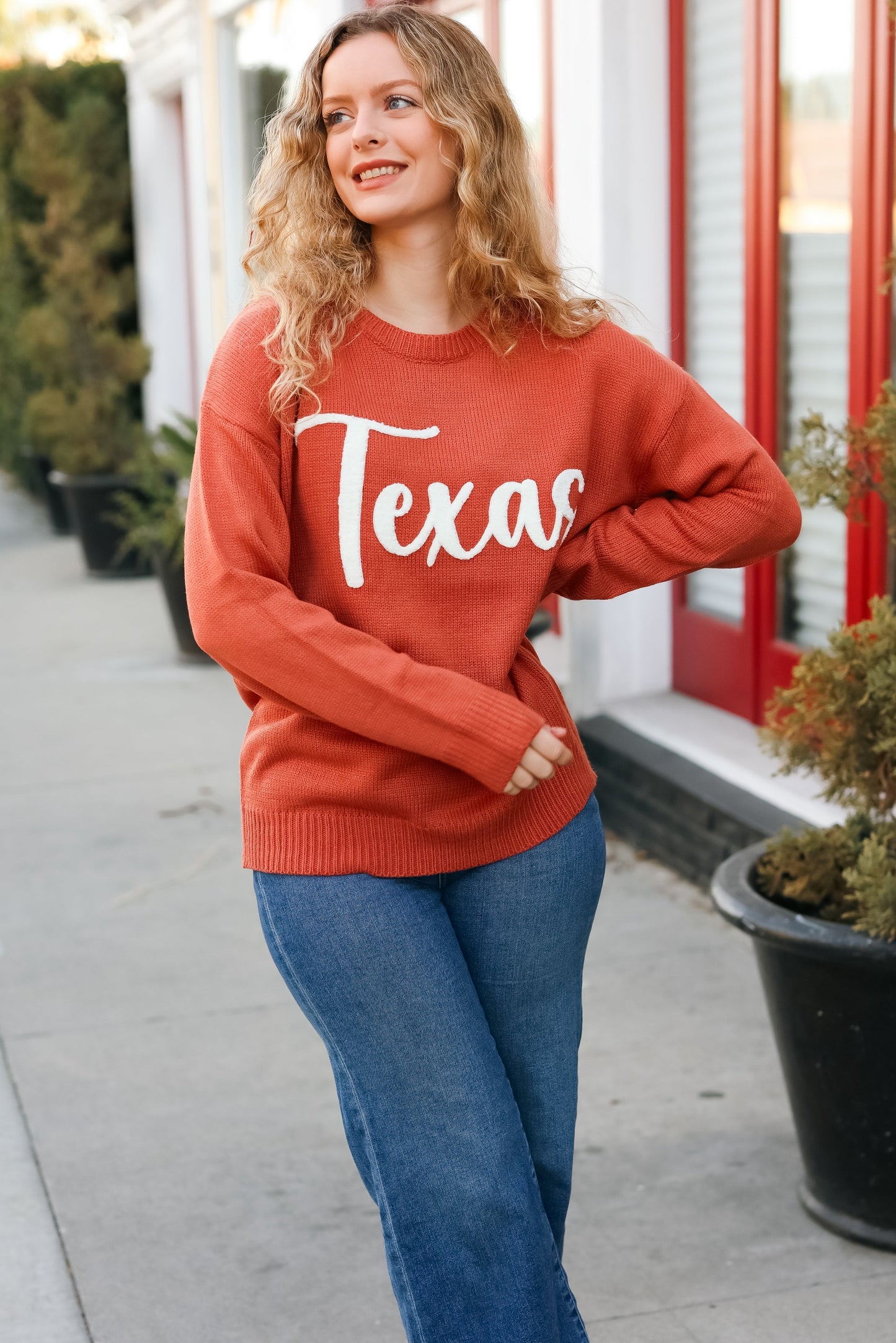 Luisa | Game Day pop-up sweater with “Texas” embroidery in burnt orange