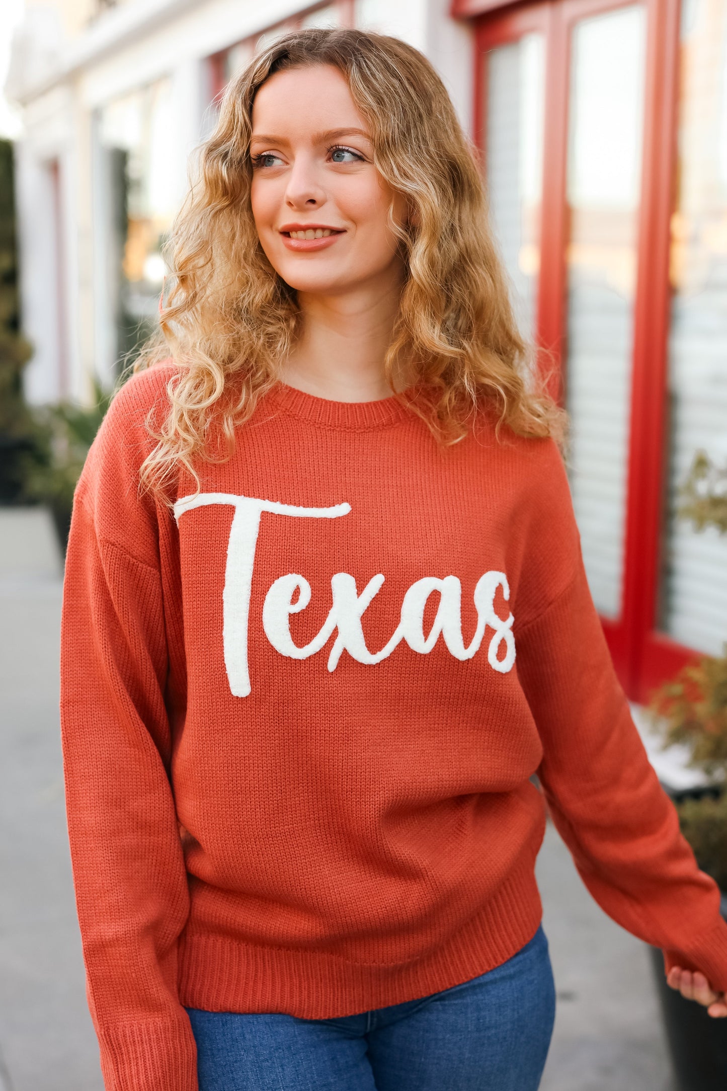 Luisa | Game Day pop-up sweater with “Texas” embroidery in burnt orange