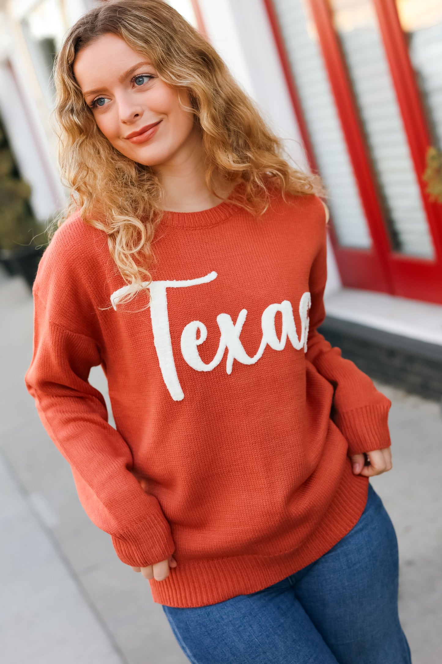 Luisa | Game Day pop-up sweater with “Texas” embroidery in burnt orange