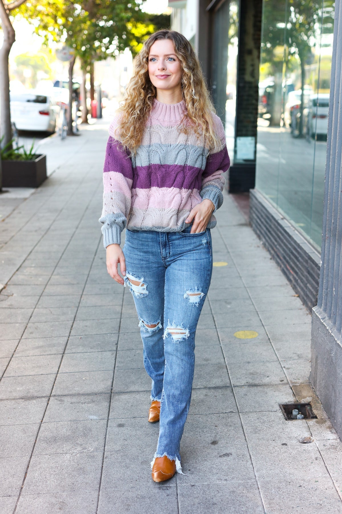 Aneta | Fall For You mauve multicolor striped cable knit turtleneck sweater