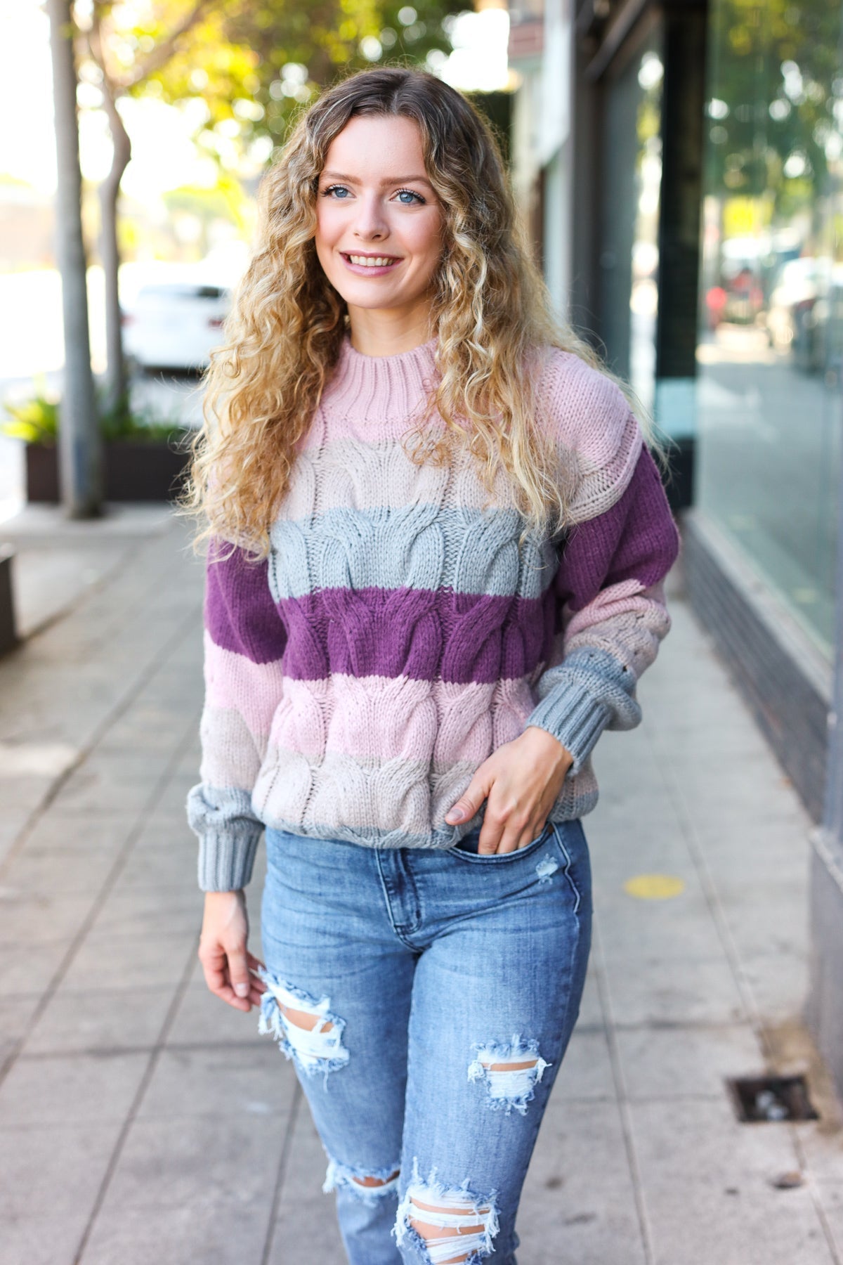 Aneta | Fall For You mauve multicolor striped cable knit turtleneck sweater