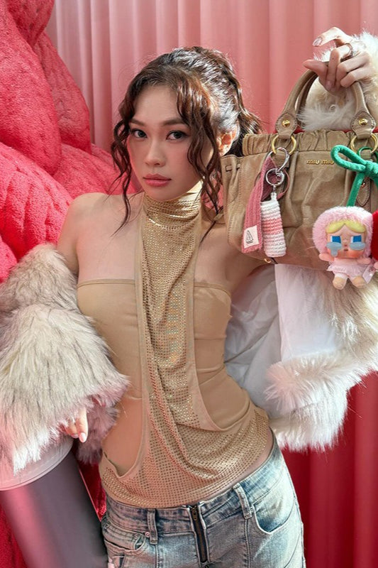 Rhinestone Sequin Scarf Sheer Tank Top