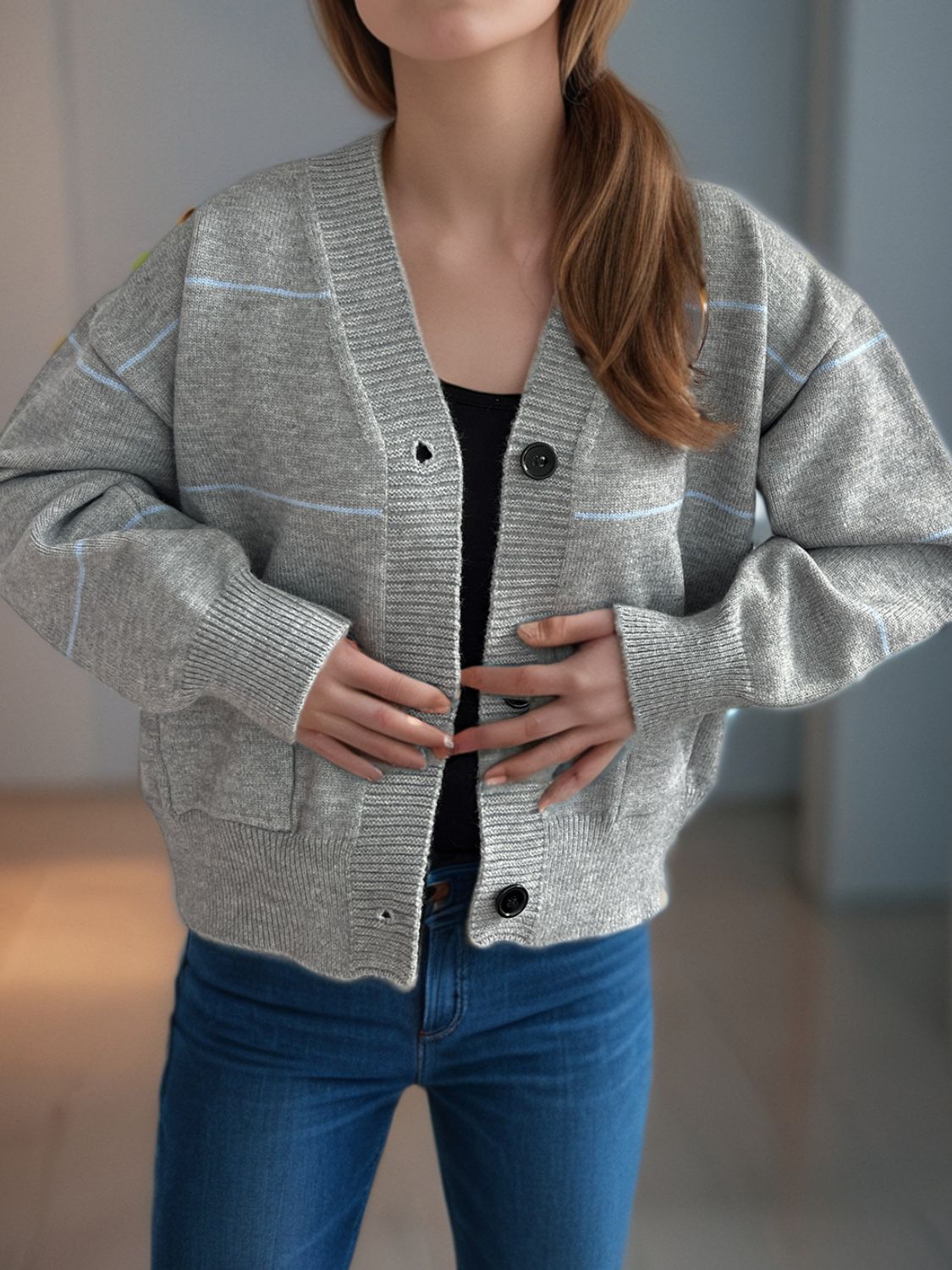 Flavia | Striped, long-sleeved cardigan with button placket and V-neck