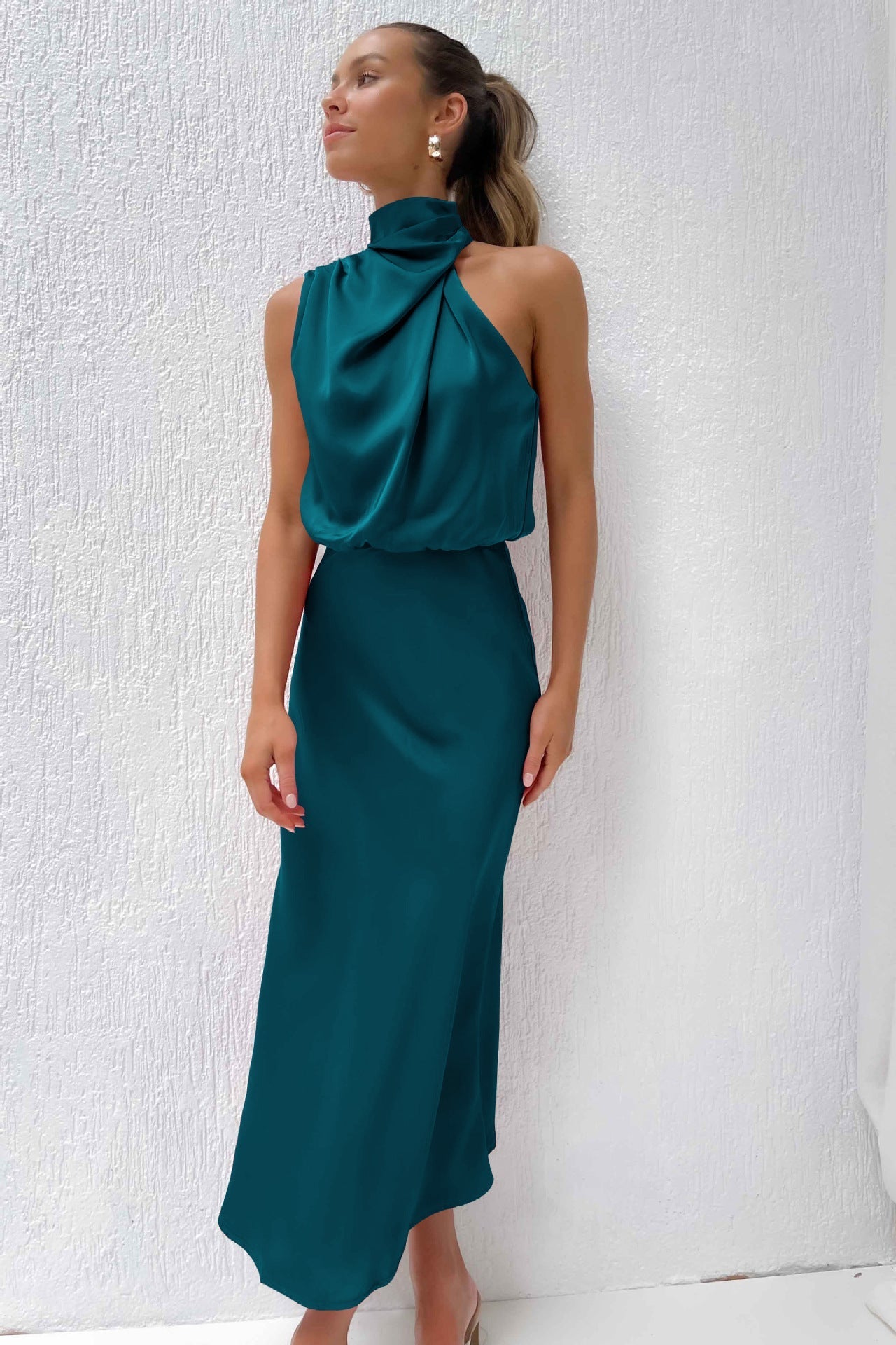 Vanessa® | Long Satin Dress With American Neckline