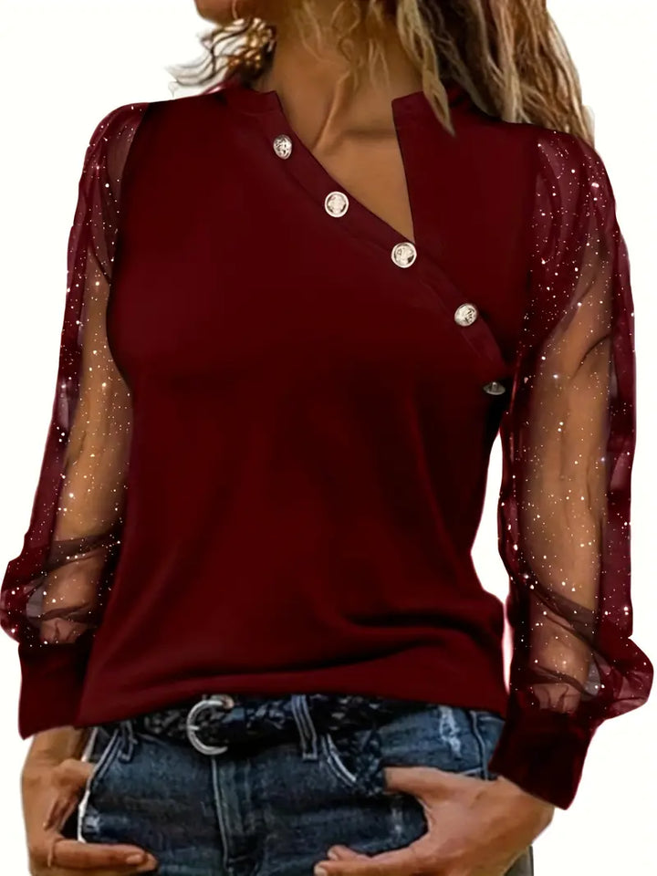 Bubke® | Blouse With An Asymmetrical Neckline And Mesh Sleeves