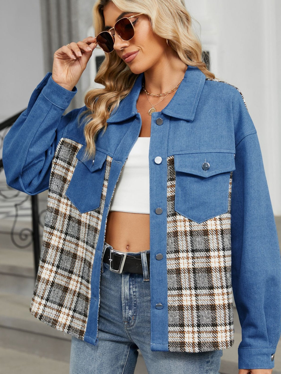 Sibylle | Checked denim jacket with buttons and long sleeves