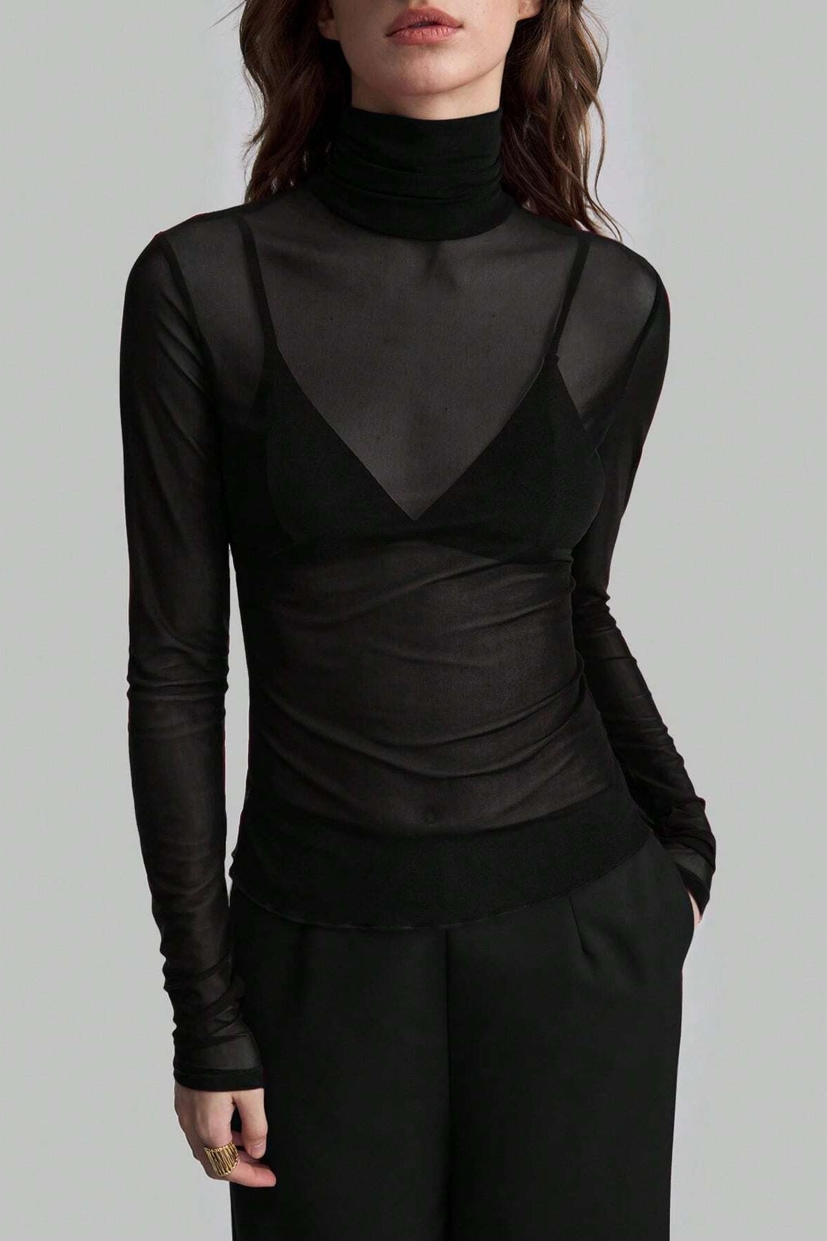 Stand Collar Solid Mesh Slim Fit Long Sleeve Tee