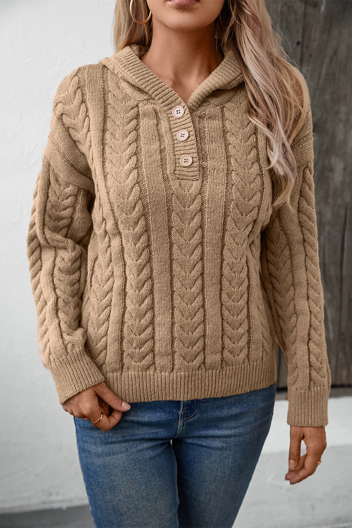Vintage Solid Color Button-Front Hooded Thick Warm Sweater