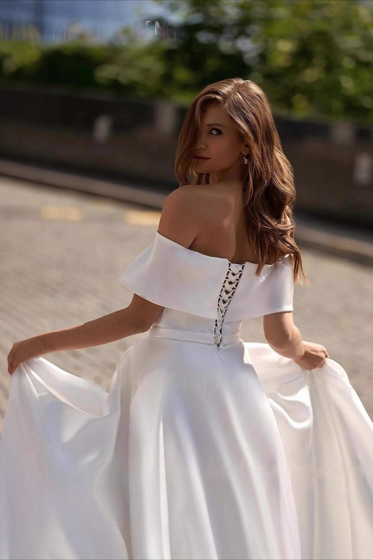 Simple Satin Cross Off Shoulder Train Wedding Dress