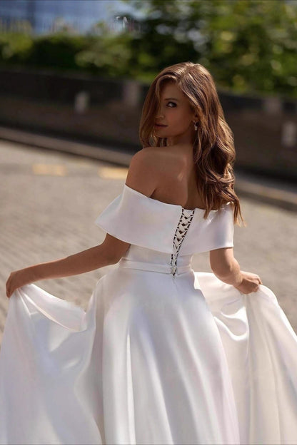 Simple Satin Cross Off Shoulder Train Wedding Dress
