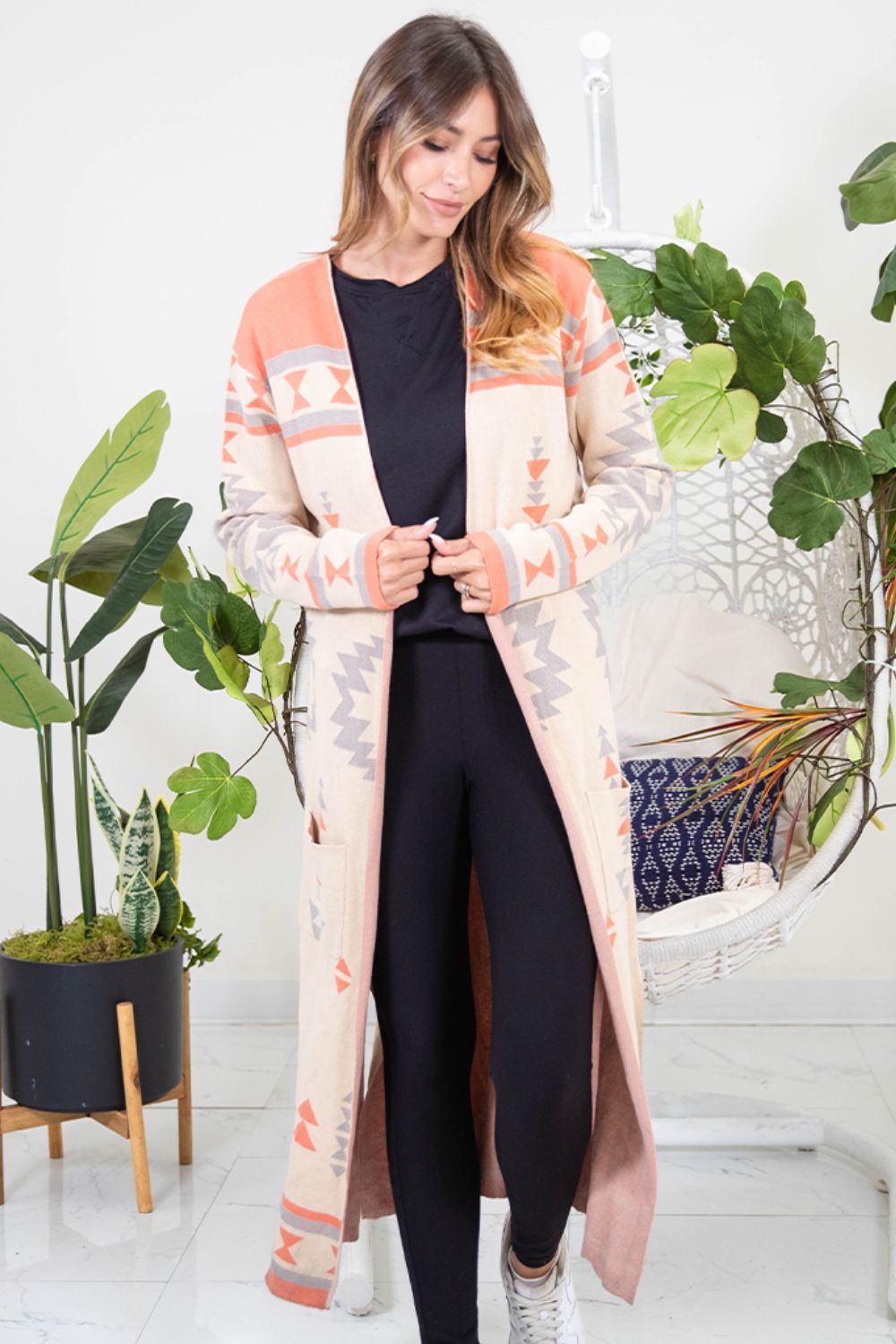 Esther | Sew In Love Long Sleeve Open Front Geometric Longline Cardigan