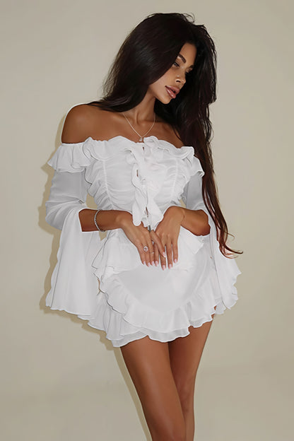 Stylish Off Shoulder Long Sleeve Ruffle Skirt Set