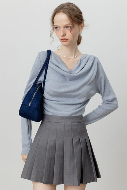 Chic Off Shoulder Tie Waist Cowl Neck Long Sleeve Tee