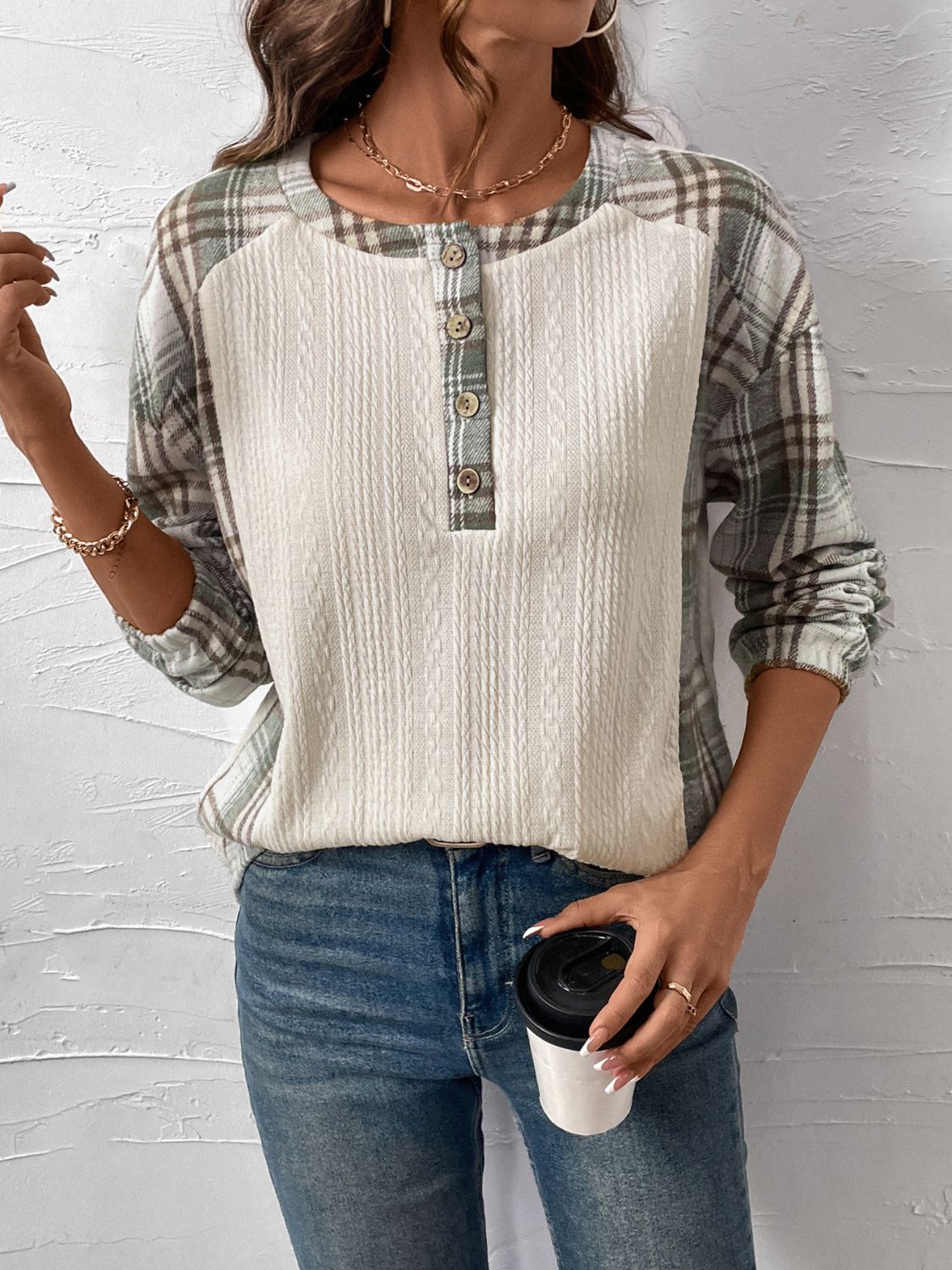 Felicidad | Perfee checked long sleeve half button t-shirt