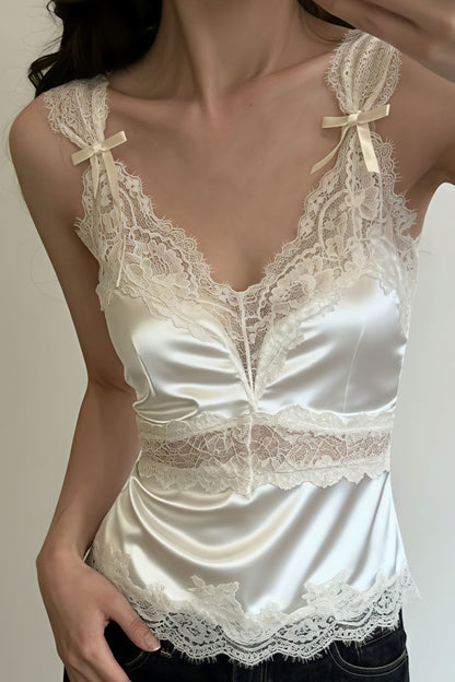 Bow Lace Patch V Neck Solid Tank Top