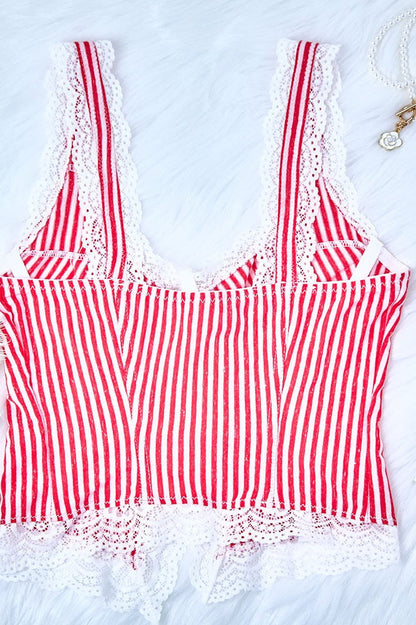 Sexy Ruffled Stripe Lace Tank Top