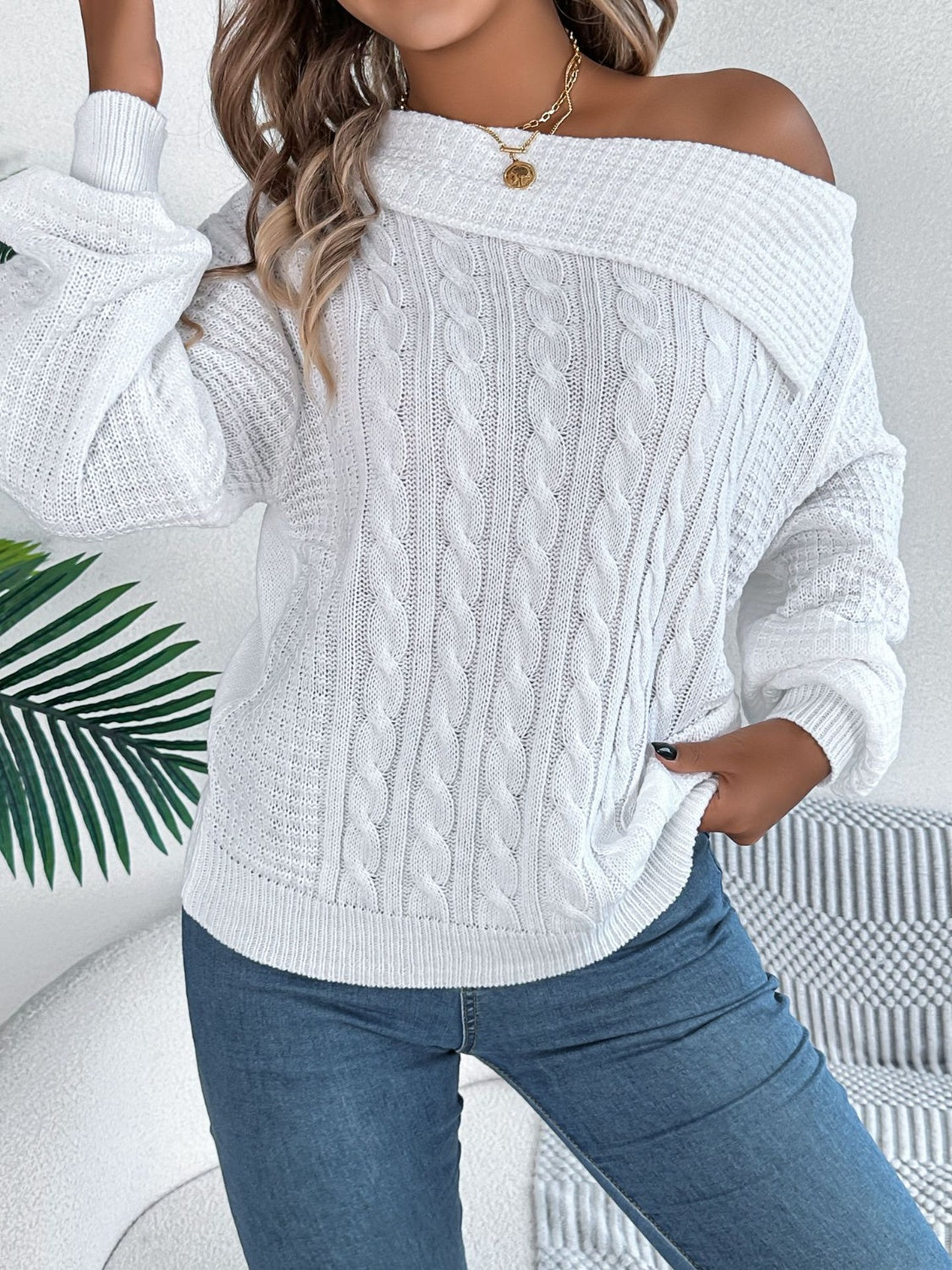 Olivia | Long sleeve cable knit sweater with one shoulder