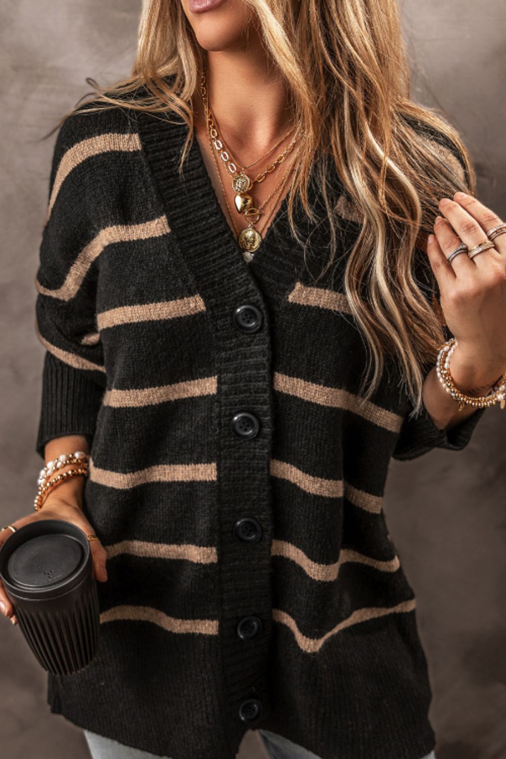 Renata | Striped, long-sleeved cardigan with button placket