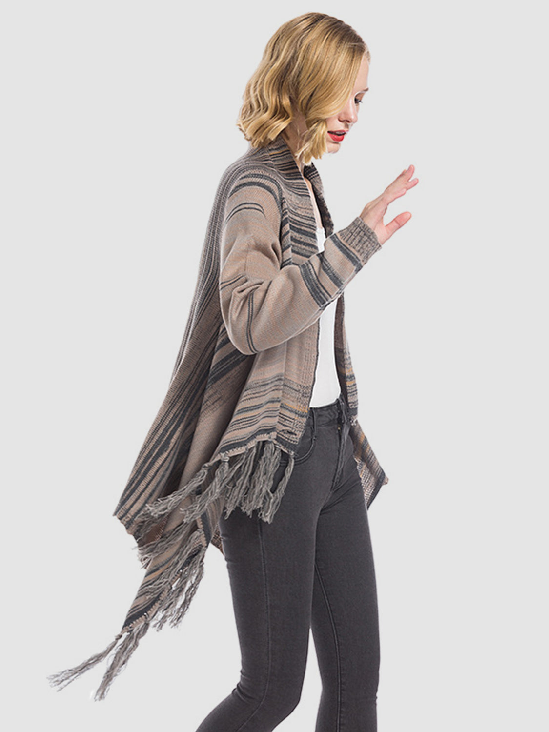 Dagny | Long sleeve cardigan with tassel stripes and open front