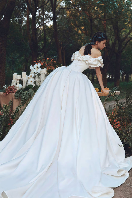 Simple Satin Off Shoulder Train Wedding Dress