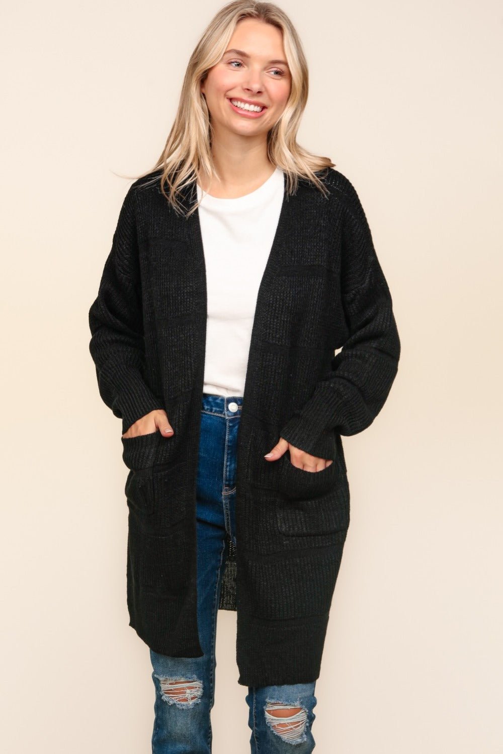 Judith | Structured, open front cardigan with tactile stripes and pockets