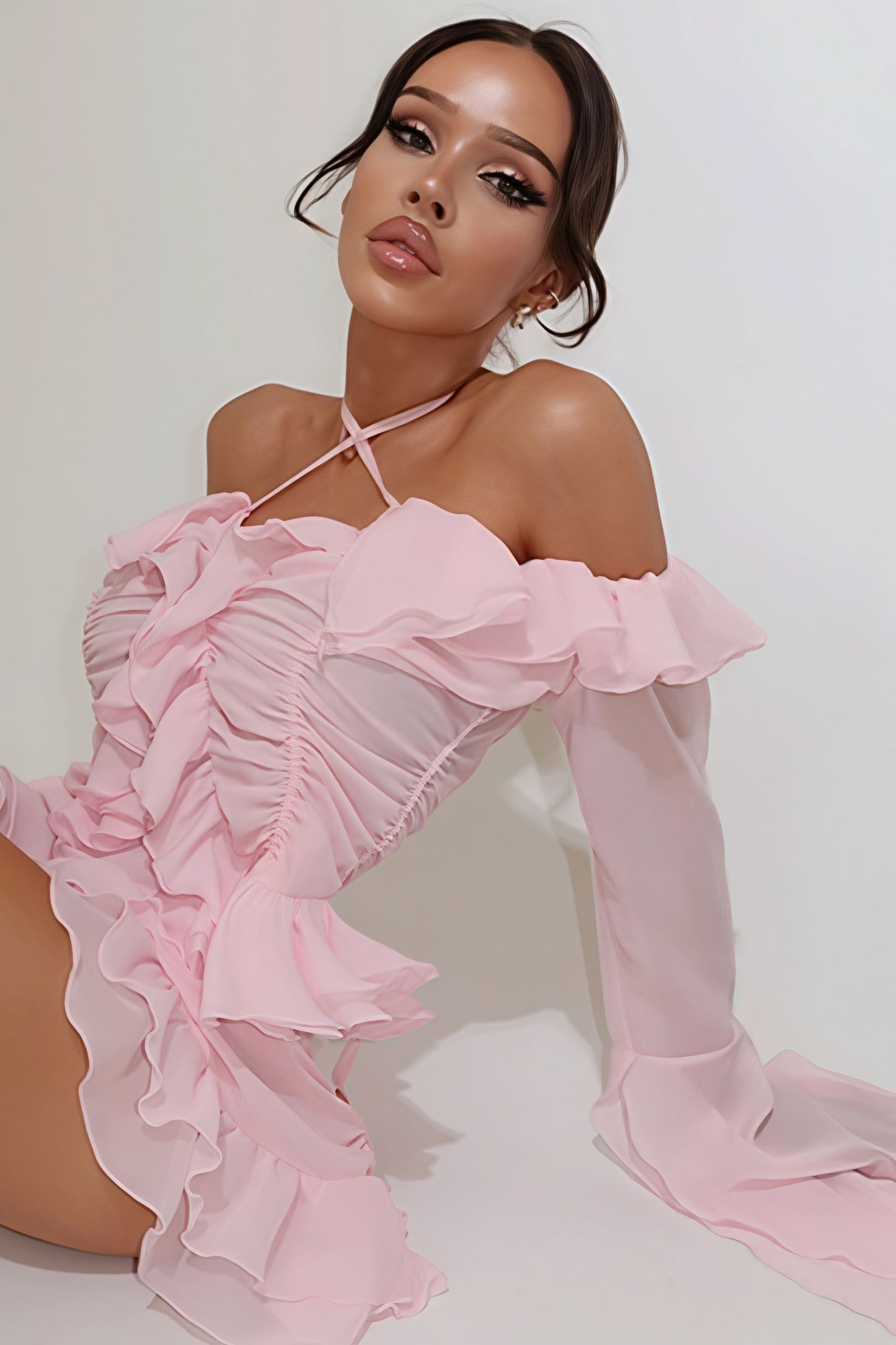 Stylish Off Shoulder Long Sleeve Ruffle Skirt Set