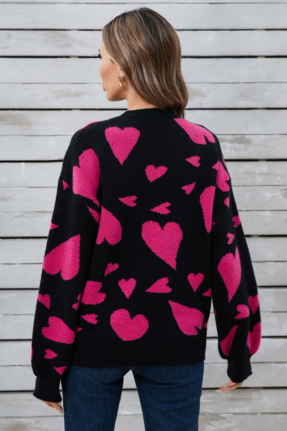 Alida | Heart contrast crew neck long sleeve sweater