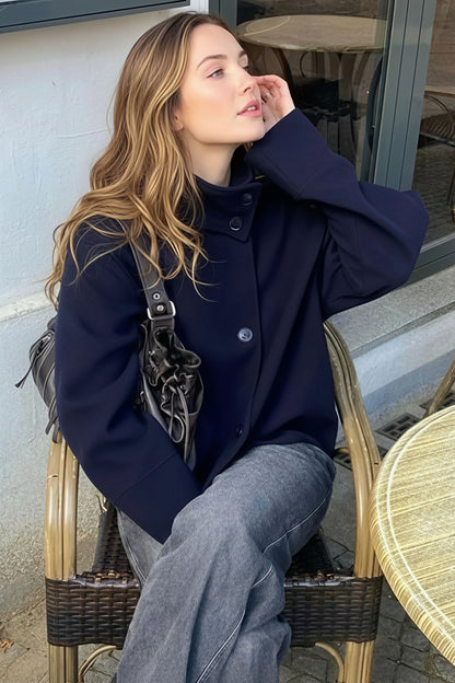 Chic Solid Wool Button High Collar Coat