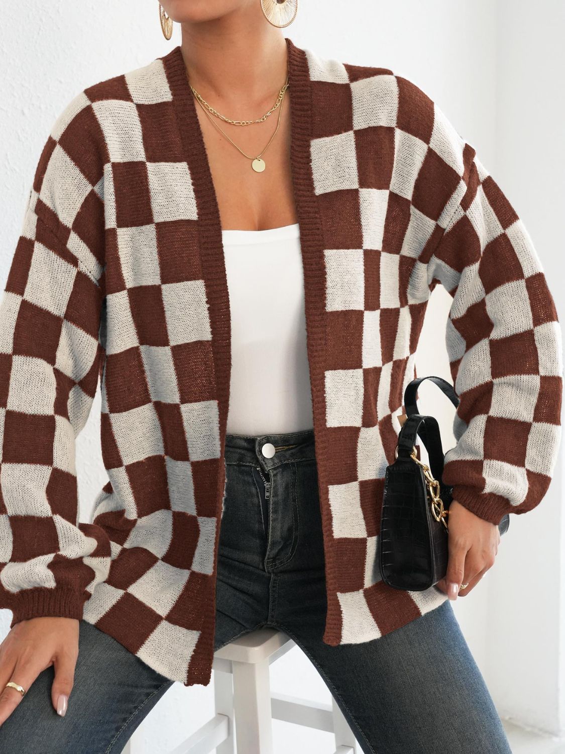 Carolina | Checked open front long sleeve cardigan