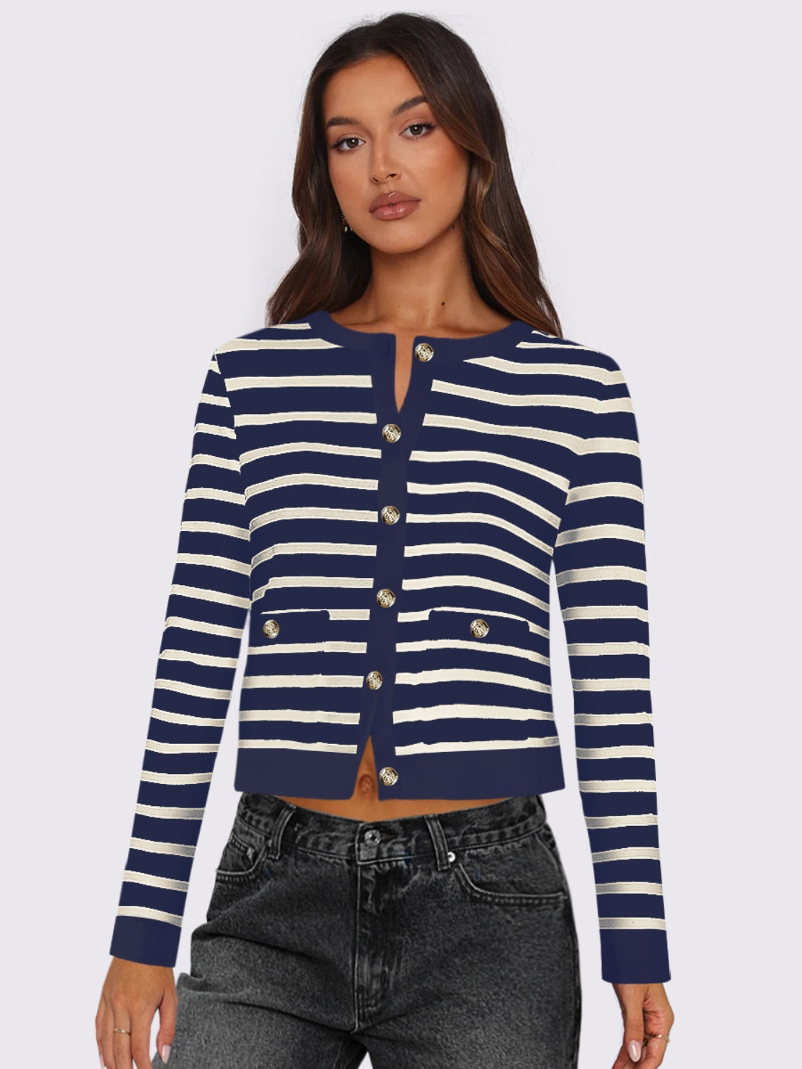 Gabriela | Striped, long-sleeved cardigan with button placket and crew neck
