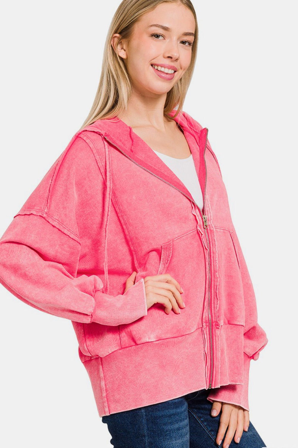 Raquel | Acid-washed French terry zip-up hoodie with pockets