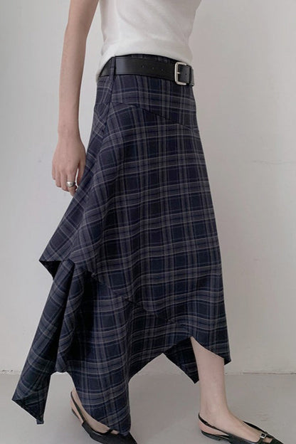 Asymmetric Plaid Midi Skirt