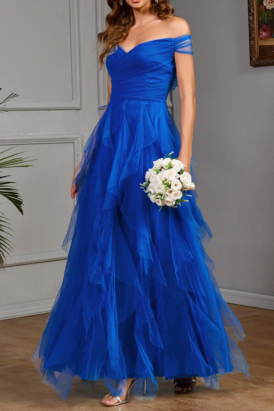 Solid Off Shoulder Tulle Gown Formal Dress
