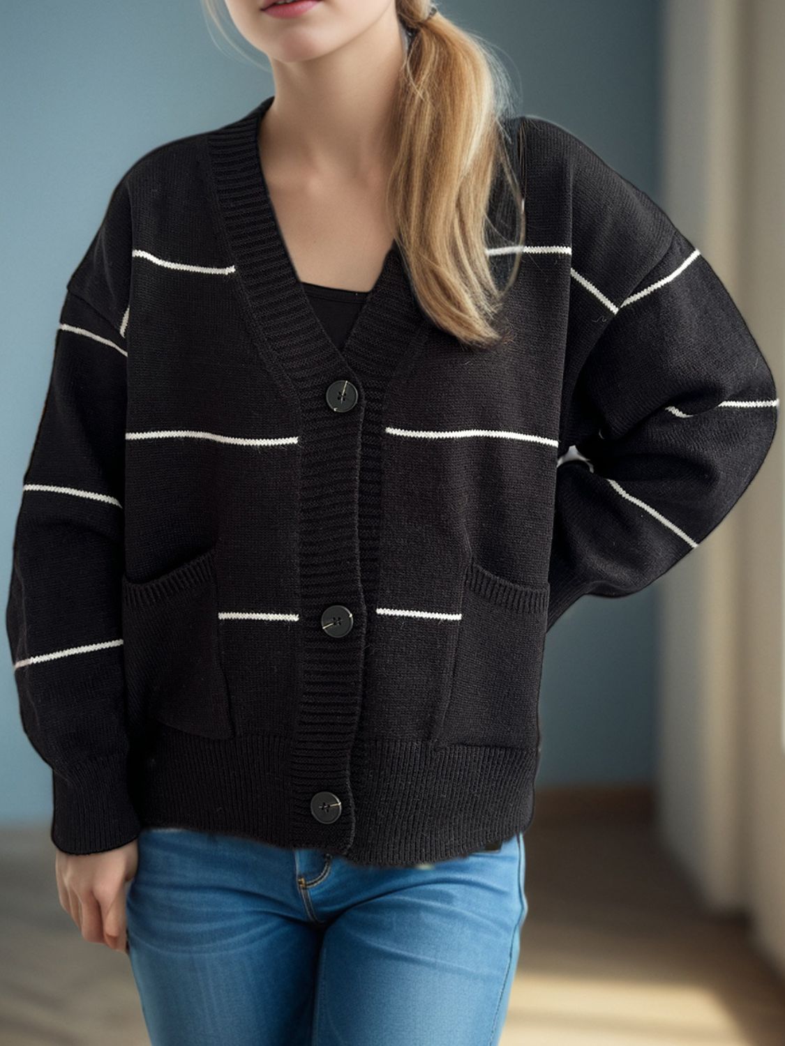 Flavia | Striped, long-sleeved cardigan with button placket and V-neck