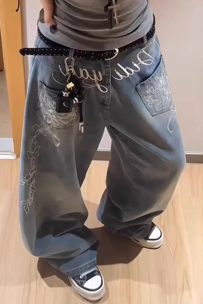 Y2K Floral Letter Embroidery Wide Leg Jeans