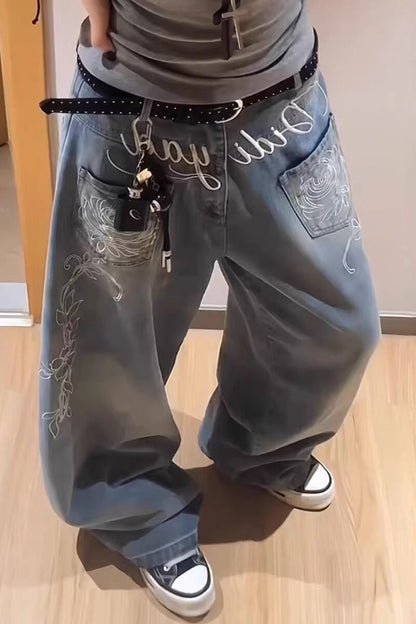 Y2K Floral Letter Embroidery Wide Leg Jeans