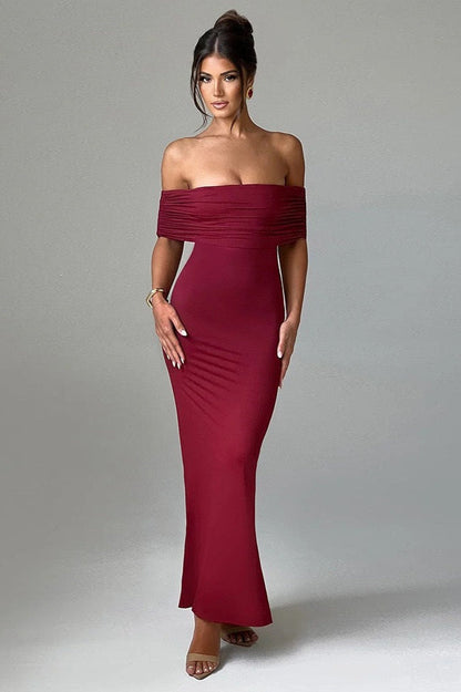 Solid Off Shoulder Ruched Formal Dress