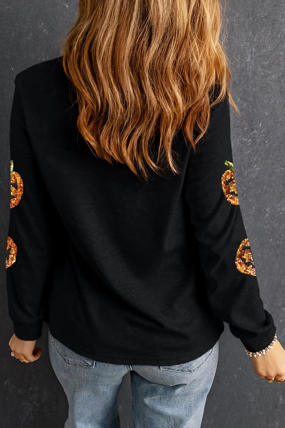 Janine | Sequin pumpkin long sleeve crew neck top