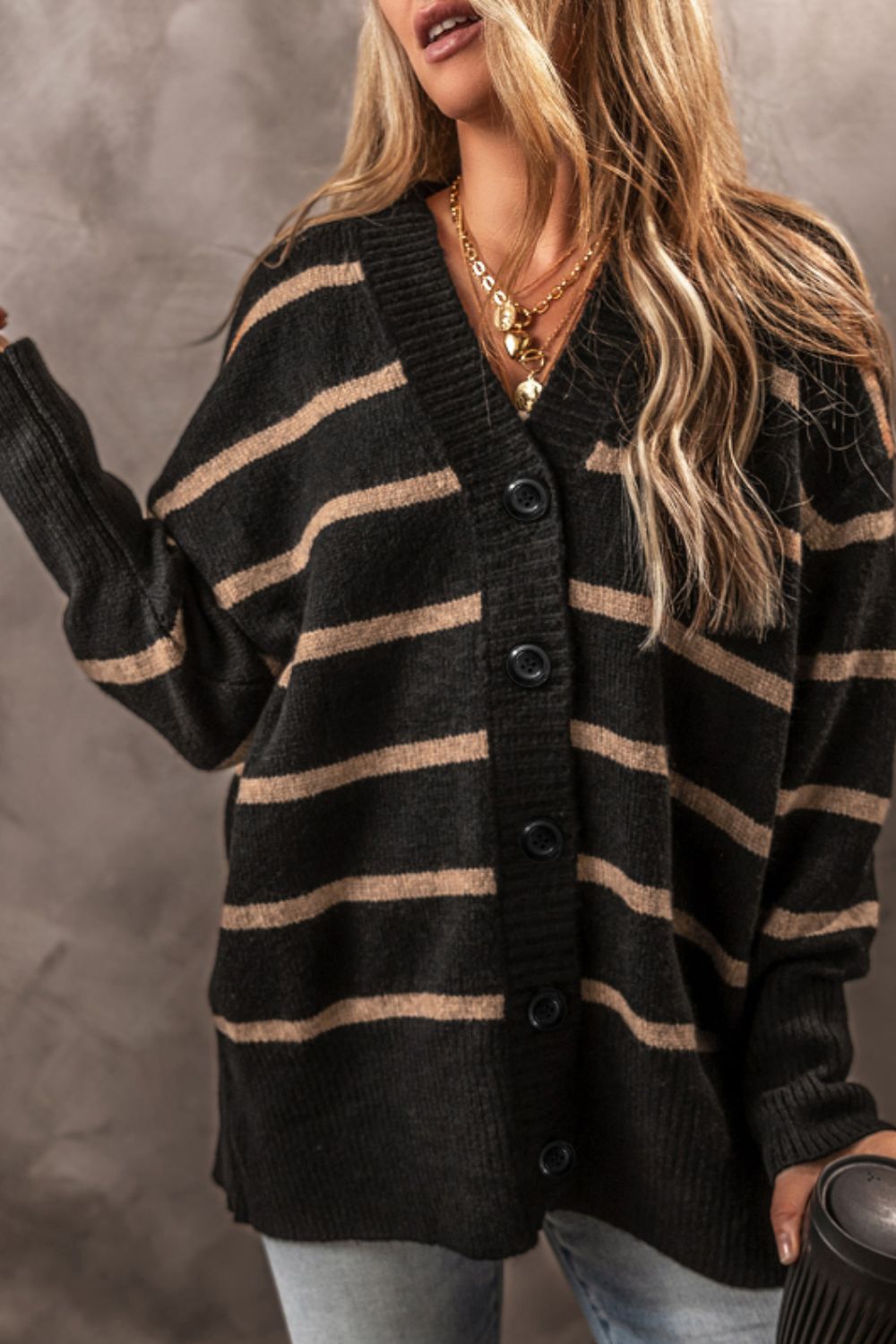 Renata | Striped, long-sleeved cardigan with button placket