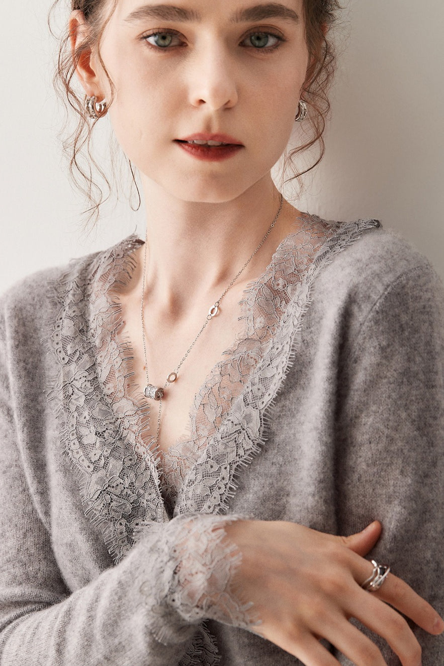 Cashmere Lace-Trimmed V-Neck Knit Cardigan