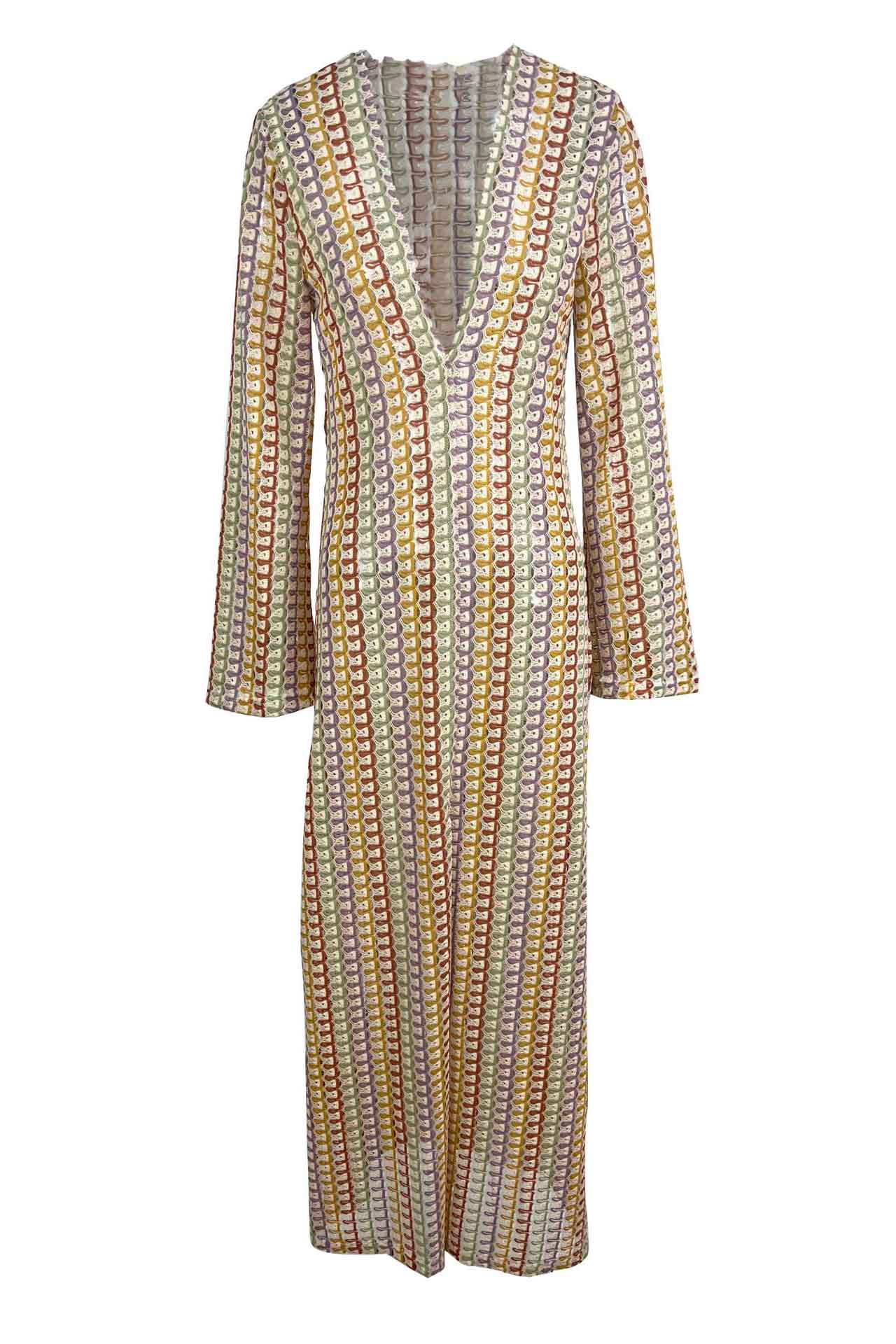 Pilar® | Boho V-Neck Bell Sleeve Maxi Dress, Wavy Striped Crochet Beach Holiday Maxi Dress