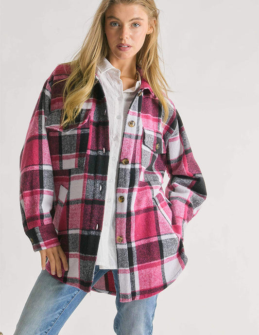 Pink | Oversized checked charm shirt jacket for women